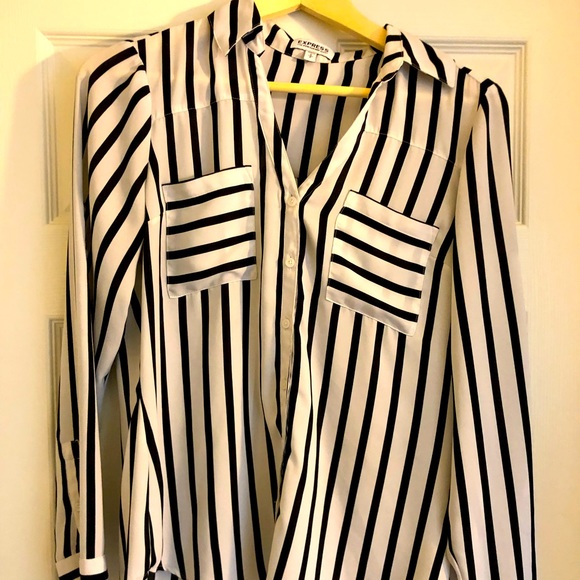 Express Striped Black/White Portofino Dress Blouse - Picture 1 of 2